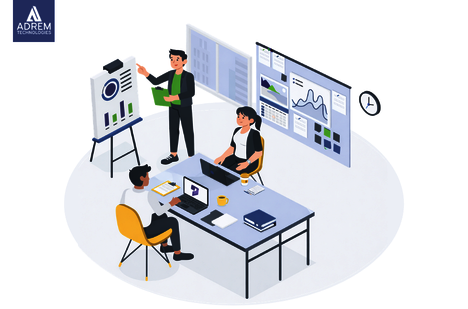 Illustration of global operations teams using Dynamics 365 dashboards to manage supply chains, regional expansion, and enterprise analytics across EU, GCC, and Asia.