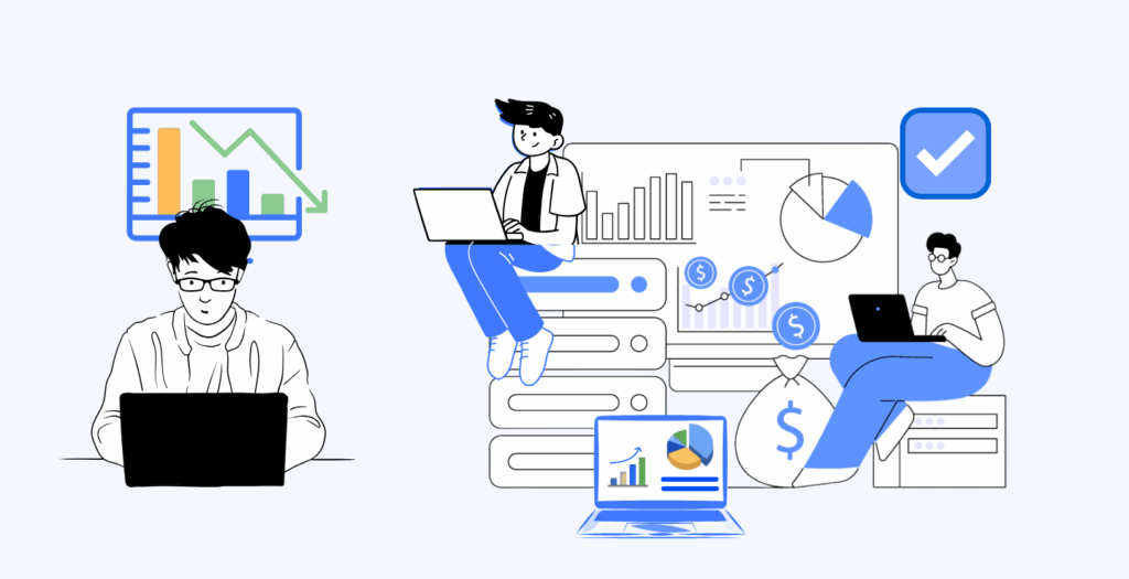 Illustration showing professionals working with data dashboards and analytics, representing Adrem Technologies’ smooth Dynamics 365 implementation process in the UAE.