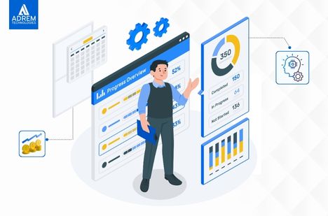 Business professional analyzing sales dashboard and performance analytics with Dynamics 365 ERP Agentic Solution by Adrem Technologies UAE