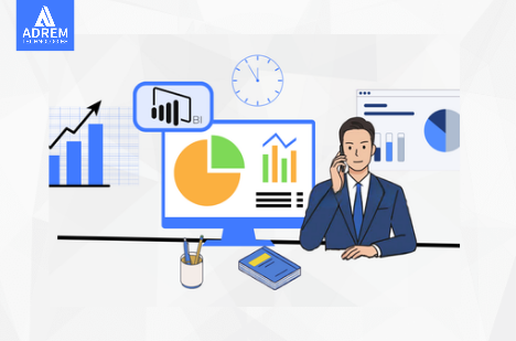 Illustration showing managers using Power BI dashboards to monitor real-time sales, finance, inventory, and operations data across UAE businesses.