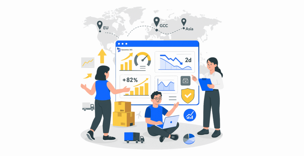Illustration of global operations teams using Dynamics 365 dashboards to manage supply chains, regional expansion, and enterprise analytics across EU, GCC, and Asia.