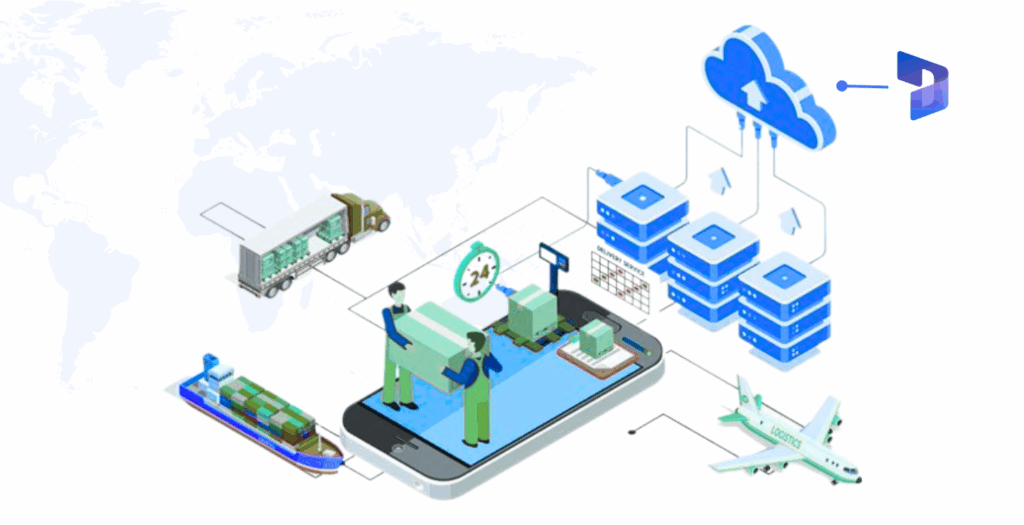 Illustration showing logistics, warehousing, transport and cloud systems connected through Dynamics 365 Supply Chain Management for UAE operations.