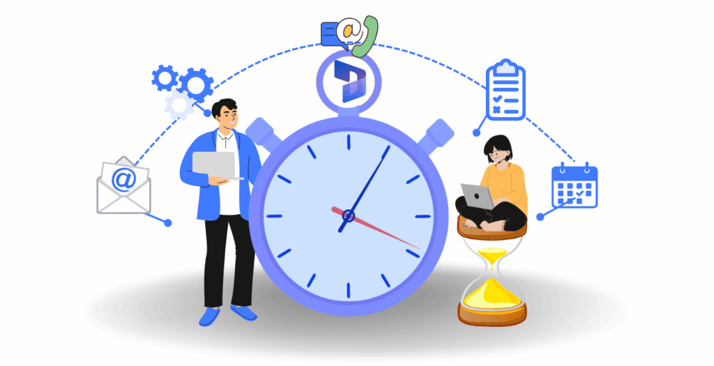 Illustration showing UAE professionals using Dynamics 365 Copilot to draft proposals, manage tasks, create summaries, train new hires, and clean CRM records efficiently.