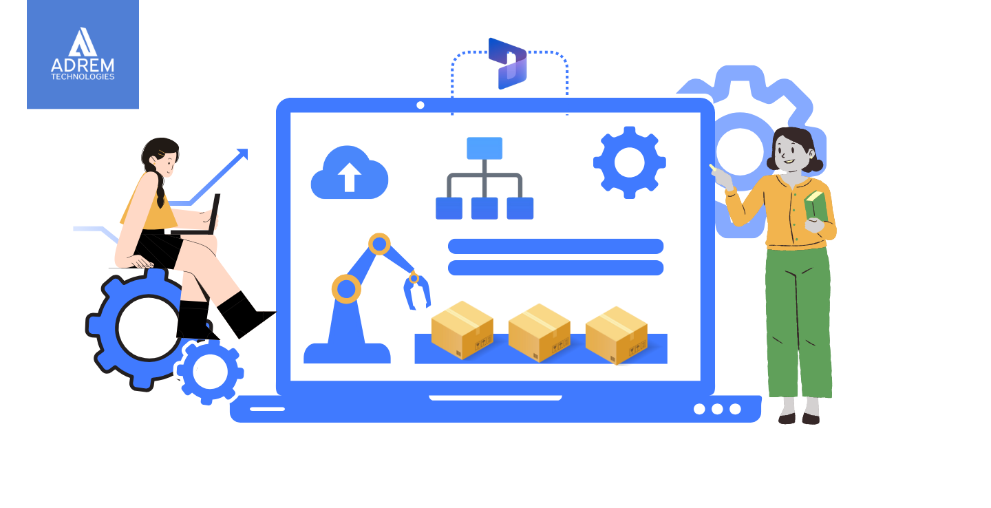 Illustration of Dynamics 365 Supply Chain Management with warehouses, logistics, demand forecasting and UAE operations workflow.