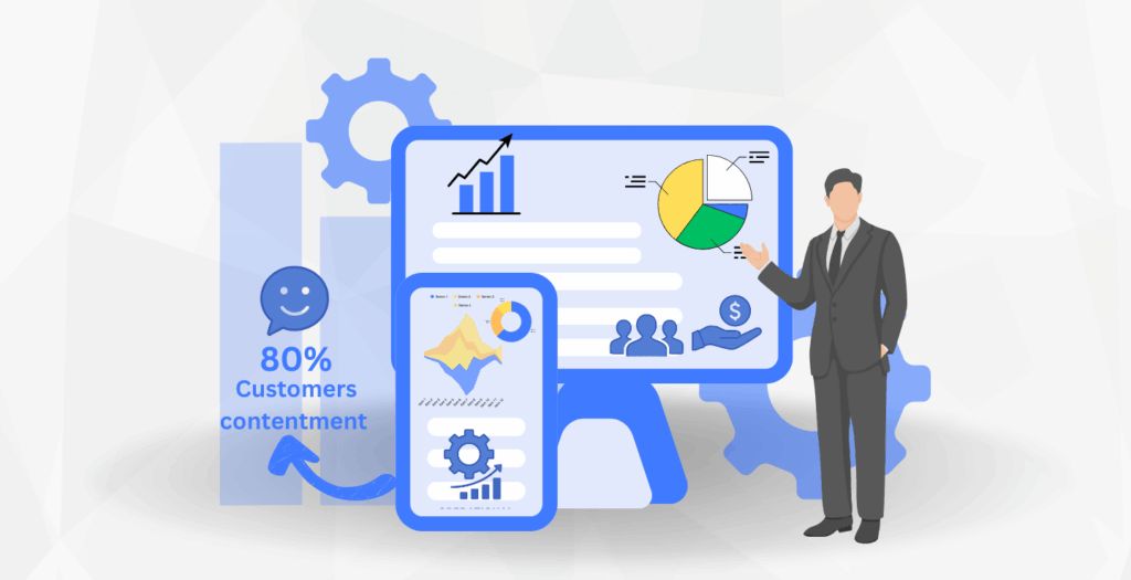Illustration showing managers using Power BI dashboards to monitor real-time sales, finance, inventory, and operations data across UAE businesses.