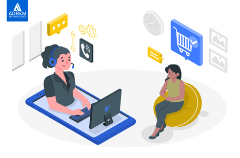 Illustration of a customer support agent using Dynamics 365 Customer Service to assist a UAE customer through an omnichannel platform.