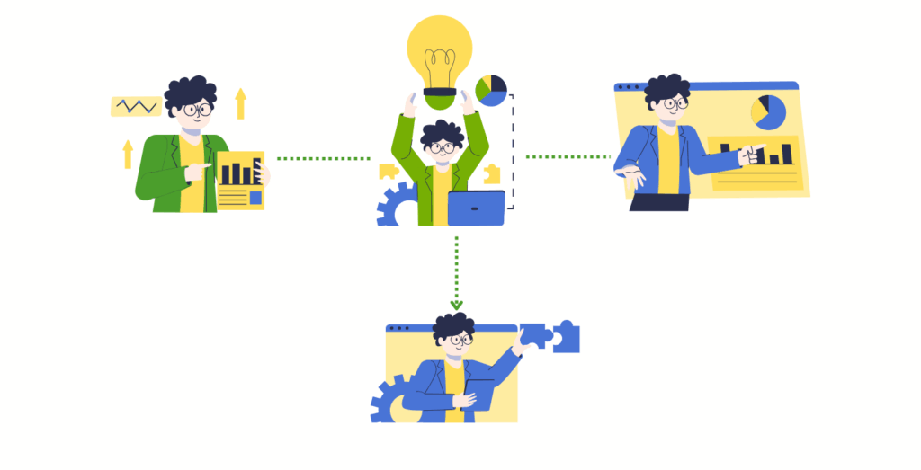 Graphic showing a salesperson working with AI-powered insights, lead prioritization and connected customer data inside Microsoft Dynamics 365 Sales.