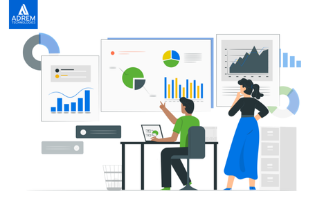 Illustration of sales professionals analyzing dashboards, charts, and CRM data representing Dynamics 365 Sales capabilities